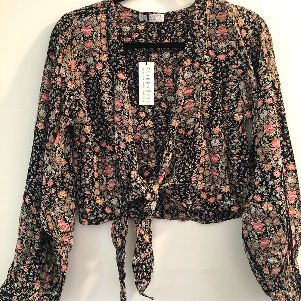 NWT Flynn Skye Lenox Black Floral Front Tie Top